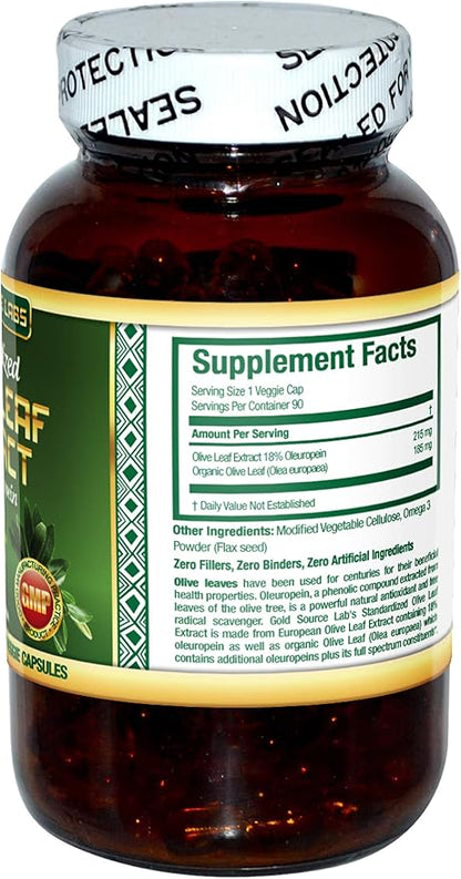 Organic Olive Leaf Extract Capsules - Pure Organic Olive Leaf Plus Standardized Oleuropein Extract, 90 Vegetarian Caps, 400 mg Maximum Strength Complex for Immune Health