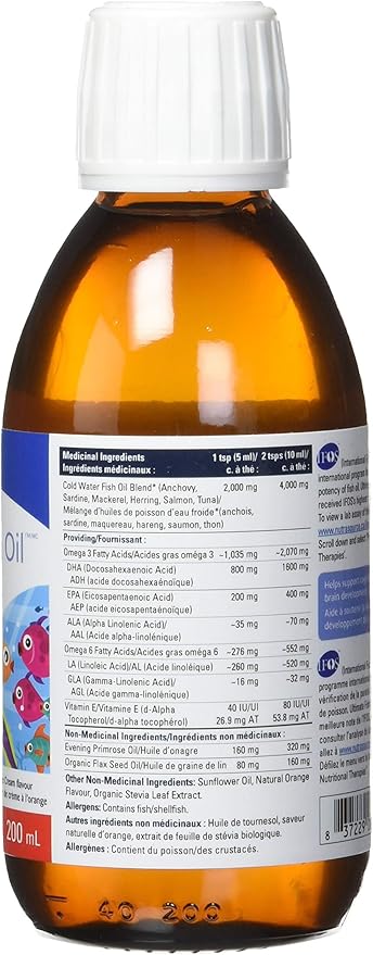 Ultimate Fish Oil For Kids - 800 mg EPA + 200 mg DHA, Orange Flavour, 200 ml | All natural, cold water, wild caught