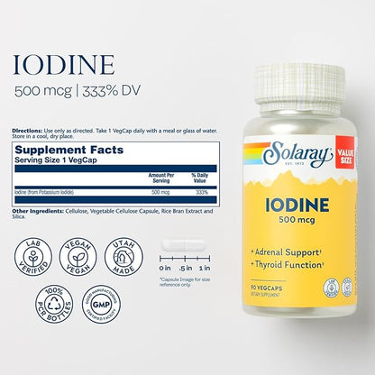 Solaray Iodine 500 mcg, Iodine Supplement for Healthy Adrenal and Thyroid Support, Energy, Metabolism, and Focus, Potassium Iodide, Vegan, 60-Day Money-Back Guarantee, 90 Servings, 90 VegCaps