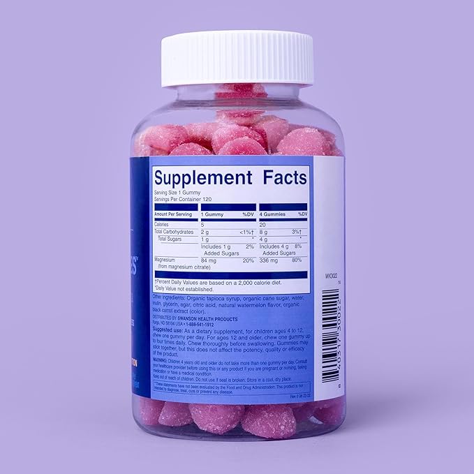 Swanson WIO™ magnesiUMMIES™ Stress Support, Heart Health, Stress, Watermelon, Magnesium 336mg, Vegan, Non-GMO, Gluten-Free, Bone Health - 12oz Bottle, 120 Gummies (30-Day Supply)