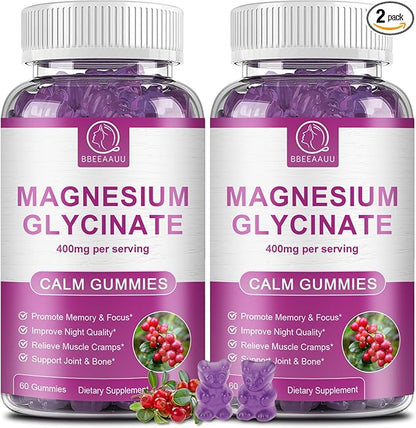 Magnesium Glycinate Gummies 400 mg, High Absorption Magnesium Glycinate Supplement with Potassium, Calcium, Vitamin D, B6 & CoQ10 for Night, Muscle Support Cranberry Flavor 60 Count (2 Packs)