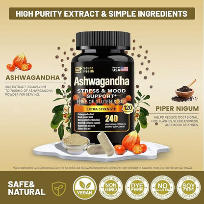 Organic Ashwagandha Capsules Supplement - 7000mg Herb Powder Equivalent per Serving - Immune Support, Hormone Balance - Enhanced Nutrient Absorption - 240 Capsules (120 Servings)