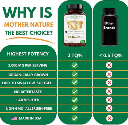 Organic Turkish Black Seed Oil Capsules, Premium Cold Pressed, High TQ, 1 Month Supply, Non-GMO Black Cumin Nigella Sativa Oil for Immune Support, Joint, Digestive Health, 1000mg per Capsule, 60ct