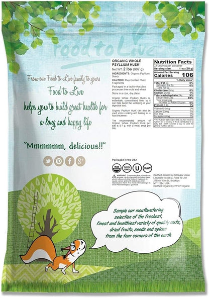Food to Live - Organic Whole Psyllium Husks, 2 Pounds - Non-GMO Flakes, Vegan, Kosher, Keto Friendly, Raw, Unsweetened, Unflavored, Bulk, Rich in Dietary Fiber