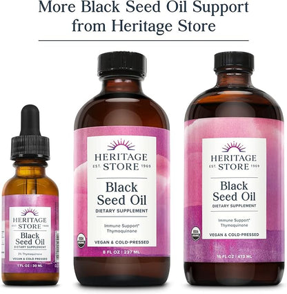 HERITAGE STORE Black Seed Oil Liquid Capsules 650mg, Nigella Sativa Oil Supplement with Thymoquinone, Omega 3 6 9, Antioxidant, Cholesterol, Digestive, Joint & Immune Support*, Vegan, 45 Serv, 90ct