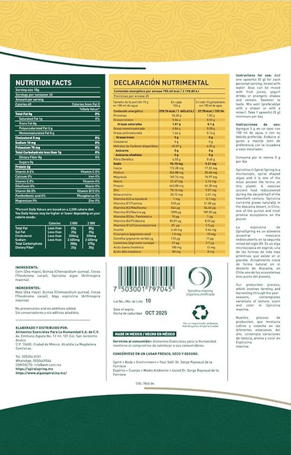 Spiral Spring Organic Spirulina + Quinoa and Cocoa 100% Natural, 200 Gr Bag with Quinoa, Cocoa and Maximum Spirulina Powder Mixture.