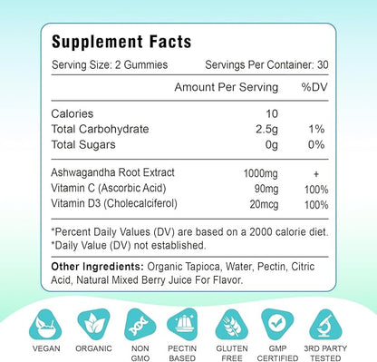 2 Pack Ashwagandha Gummies & Vitamin D Gummies for Women & Men - with Vitamin C for Support Calm Mood, Relaxation & Immune, 120 Mixed Berry Gummies