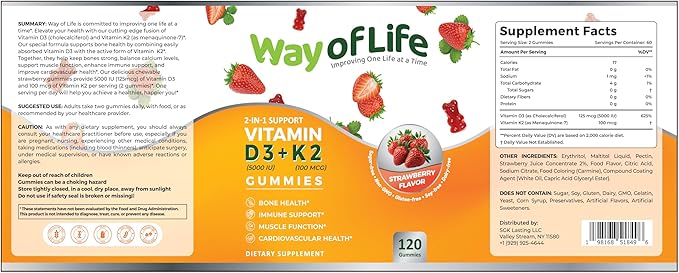 Vitamin D3 5000 IU (125 mcg) + K2 (MK-7) 100 mcg Sugar-Free Gummies, Strawberry - 120 count, Bone and Heart Health for Adults, Muscle Funtion, Pectin, Tasty, Chewy, Non-GMO, Gluten-Free, Gelatin-Free