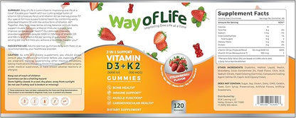 Vitamin D3 5000 IU (125 mcg) + K2 (MK-7) 100 mcg Sugar-Free Gummies, Strawberry - 120 count, Bone and Heart Health for Adults, Muscle Funtion, Pectin, Tasty, Chewy, Non-GMO, Gluten-Free, Gelatin-Free