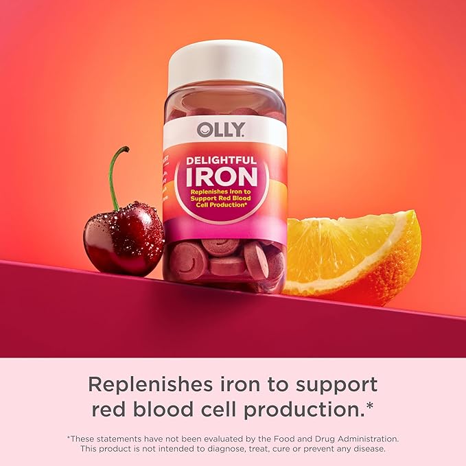 OLLY Delightful Iron Chewable Tablet, Iron Supplement from AB Fortis, Fruit Punch Flavor, 30 or 20 Day Supply - 60 Count