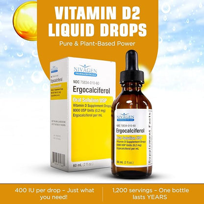 Vitamin D2 Liquid Drops as Ergocalciferol, Faster Absorption, 400iu Vitamin D2 8,000 USP, 1,200 Servings, 60ml - 2 fl.oz.