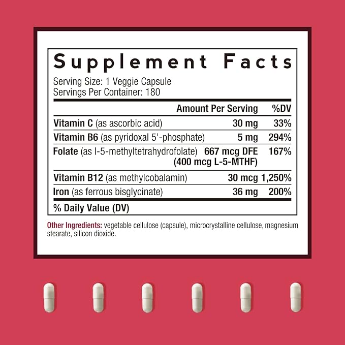 Doctor's Recipes Iron Supplement for Women Men - Gentle Iron Bisglycinate with Vitamin C, B6, Folate & B12 - Non-Constipating & Stomach Friendly Iron Pills for Blood & Energy Support, 180 Vegan Caps