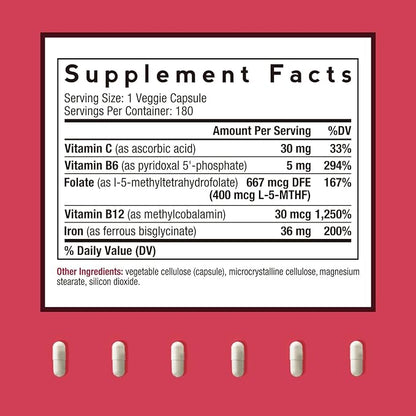 Doctor's Recipes Iron Supplement for Women Men - Gentle Iron Bisglycinate with Vitamin C, B6, Folate & B12 - Non-Constipating & Stomach Friendly Iron Pills for Blood & Energy Support, 180 Vegan Caps