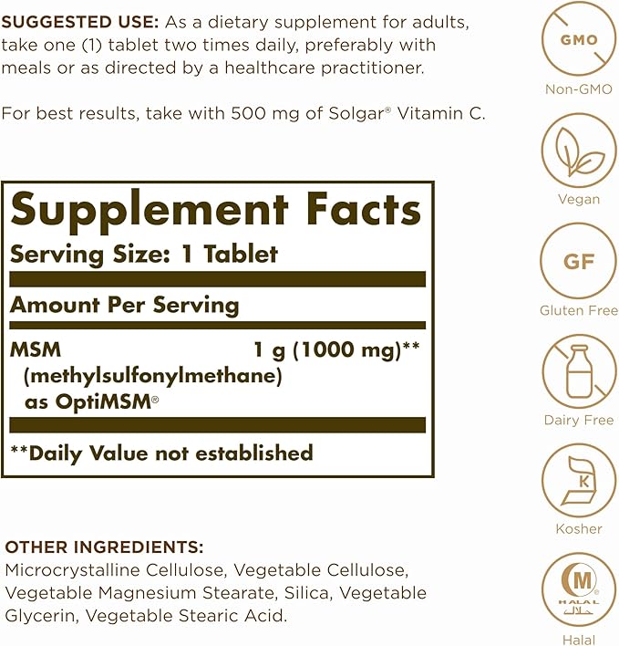 SOLGAR MSM 1000 mg - 120 Tablets, Pack of 2 - Supports Joints & Connective Tissue - Non-GMO, Vegan, Gluten Free, Dairy Free, Kosher, Halal - 240 Total Servings