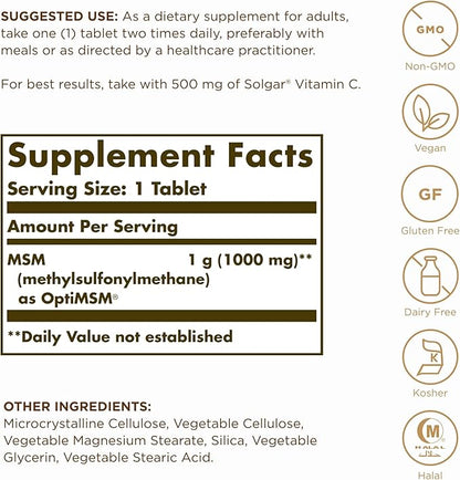SOLGAR MSM 1000 mg - 120 Tablets, Pack of 2 - Supports Joints & Connective Tissue - Non-GMO, Vegan, Gluten Free, Dairy Free, Kosher, Halal - 240 Total Servings