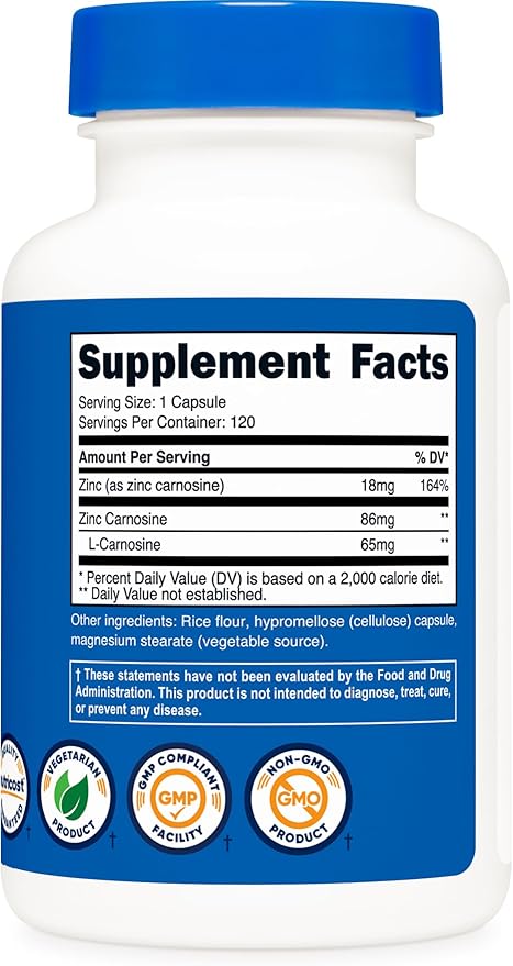 Nutricost Zinc Carnosine 86mg, 120 Capsules - Non-GMO, Gluten Free, Zinc L-Carnosine Supplement