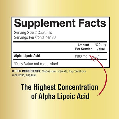 Alpha Lipoic Acid Capsules 1300mg Per Serving - 30 Servings Per Bottle - Antioxidant Support for Overall Health