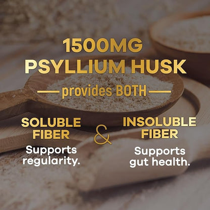 Psyllium Husk Fiber Supplement 1500mg, Natural Daily Soluble & Insoluble Fiber Pills, Psyllium Husk Powder Capsules Supports Digestion Colon Health & Regularity, Plant Based Supplement - 180 Capsules