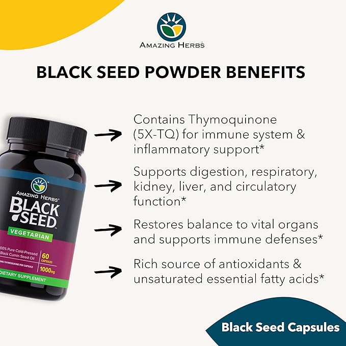 Amazing Herbs Black Seed Oil Capsules - Black Seed Oil Pills, Black Cumin Seed Oil Capsules, Cold Pressed Nigella Sativa Supplement, Blackseed Oil, Non GMO, 100% Pure - 60 Vegetarian Capsules, 1000 mg