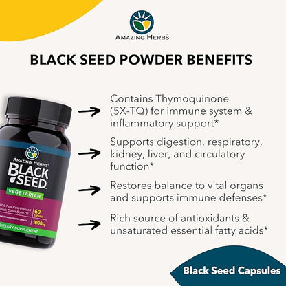 Amazing Herbs Black Seed Oil Capsules - Black Seed Oil Pills, Black Cumin Seed Oil Capsules, Cold Pressed Nigella Sativa Supplement, Blackseed Oil, Non GMO, 100% Pure - 60 Vegetarian Capsules, 1000 mg