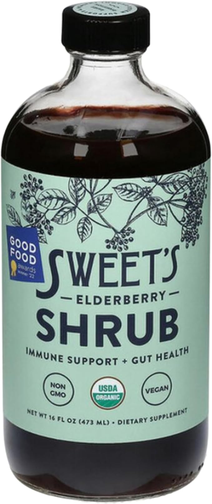 Sweet's Elderberry Organic Shrub | USDA Organic | Digestive & Immune Support | Versatile Drinking Vinegar | Mocktail Mixer | 16 oz Recyclable Bottle