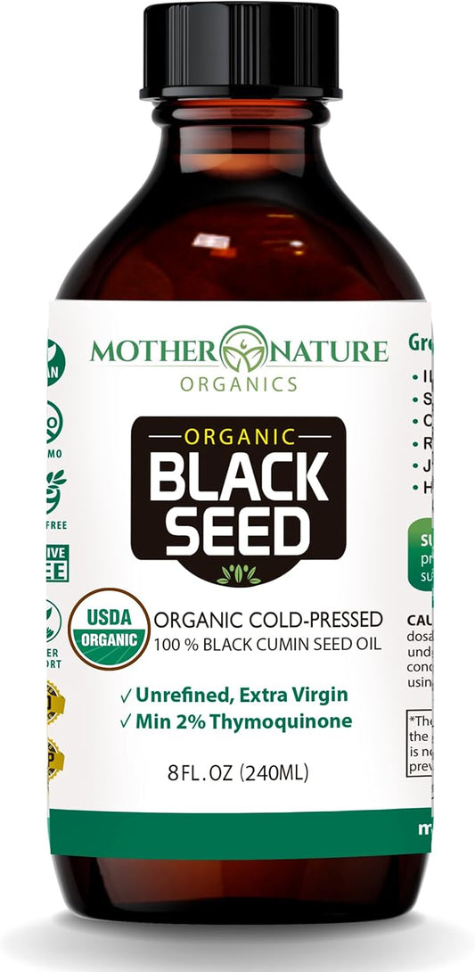 Mother Nature USDA Organic Black Seed Oil, High TQ 2%, Cold Pressed, Unrefined Nigella Sativa, Omega 3 6 9 for Immune, Joint & Heart Support, Hair & Skin, Non-GMO, Glass Bottle 8oz