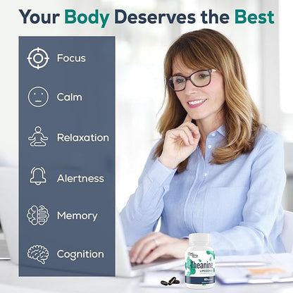 Liposomal L-Theanine 500mg, Complex with GABA 200mg & Magnesium 100mg, Extra Strength Supplement for Calm, Relaxation & Focus, Gluten Free - 120 Capsules