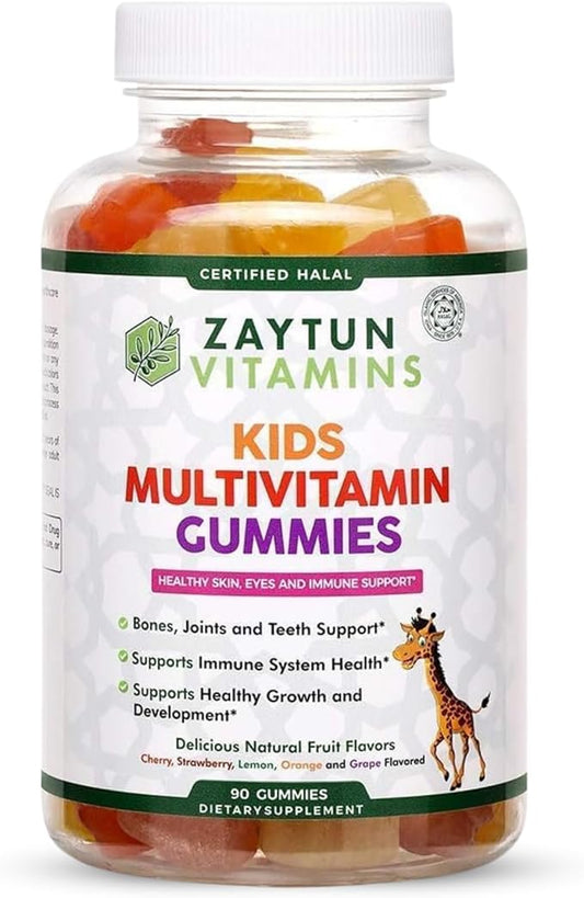 Zaytun Halal Vitamins for Kids Multivitamin Gummies, Naturally Sourced Vitamin A, C, D, E, B6, B12, Biotin - Vegetarian, No Gelatin, No Gluten, No Dairy, Non-GMO, 90 Fruit Flavored Gummies Made in USA