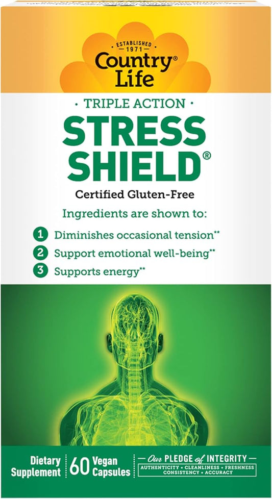 Country Life Stress Shield – Stress & Tension Relief Supplement with Ashwagandha, B-Vitamins for Energy & Emotional Well-Being, Supports Mental Clarity & Resilience, Gluten-Free, Vegan, 60 Capsules