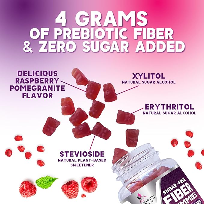Fiber Supplement Gummies - Sugar-Free Daily Gummy for Adults Digestive Health & Regularity Support - 4g Prebiotic Plant Based Fiber Supplements Blend for Women & Men - Raspberry Flavor - 60 Gummies