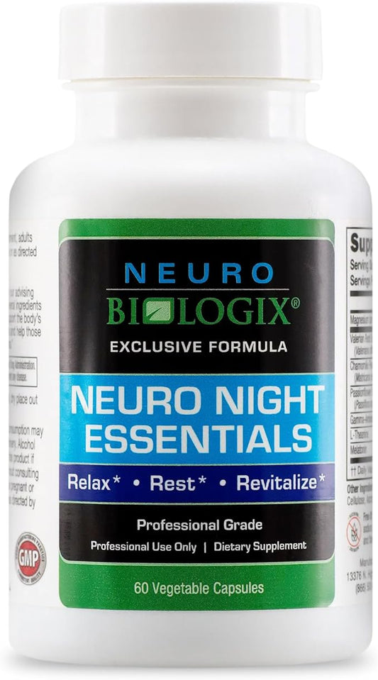 Neuro Night Essentials – Natural Nighttime Support with GABA, Melatonin, Valerian Root, LTheanine, Magnesium & More – Promotes Relaxation, Mood Balance & Rest – 60 Veg Capsules – Made in The USA