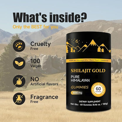 Shilajit Gummies | Pure Himalayan Shilajit Gummies Gold | Ashwagandha, Gokshura | Fulvic Acid & 85+ Trace Minerals for Men, Women | Non-GMO | Lab Tested | No Added Sugar I 60 Gummy