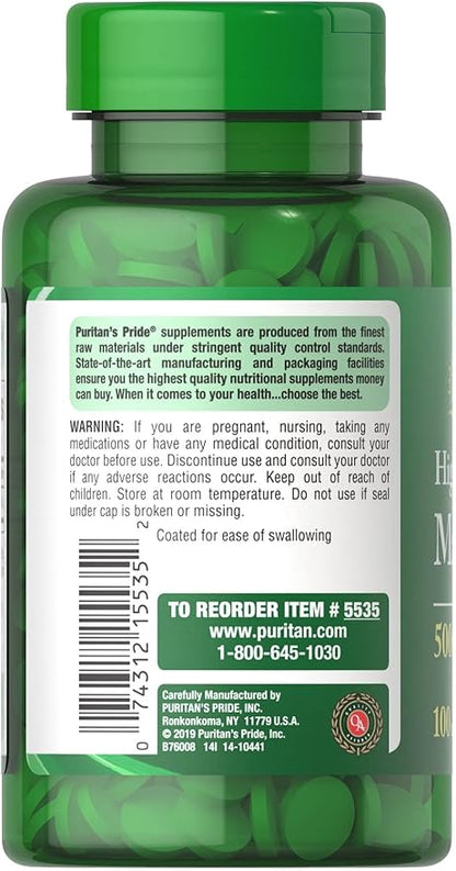 Puritan's Pride High Potency Magnesium Tablets, 500 mg, 100 Count