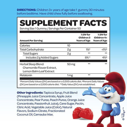 The Smurfs 1mg Melatonin Gummies for Kids with Chamomile & Lemon Balm for a Restful Sleep Age 3+ | Non-Habit Forming | Made with Real Fruit in a Smurf Berry | Doctor Developed | 50 Vegetarian Gummy