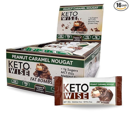Keto Wise Fat Bombs - Made with Chocolate containing MCT Oil - Low Fat, Low Carb and Keto Friendly Snack - 7g Fat, 2g Net Carbs | Peanut Caramel Nougat, Pack of 16