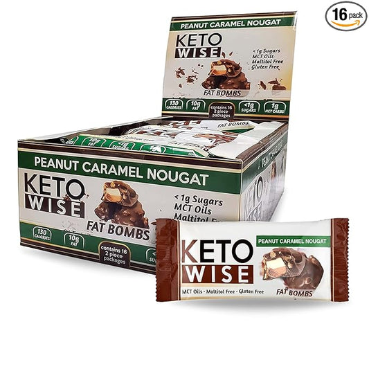 Keto Wise Fat Bombs - Made with Chocolate containing MCT Oil - Low Fat, Low Carb and Keto Friendly Snack - 7g Fat, 2g Net Carbs | Peanut Caramel Nougat, Pack of 16
