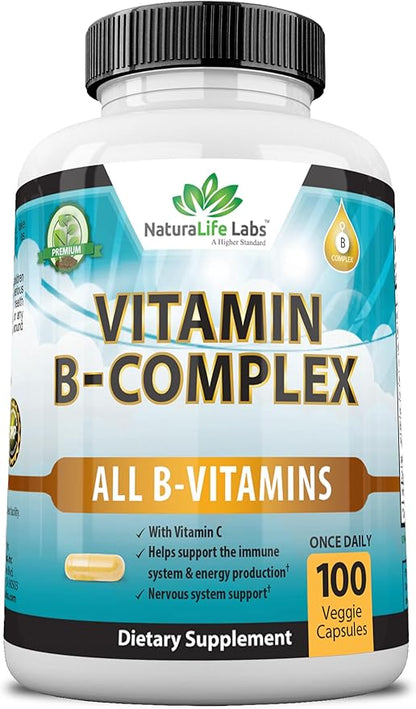 NaturaLife Labs Vitamin B Complex with Vitamin C and Folic Acid - B12, B1, B2, B3, Vitamin B5 Pantothenic Acid, B6, B7, B9 - Nervous System Support 100 Veggie Capsules