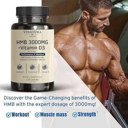 HMB 3000mg and Vitamin D3 Supplement Capsules per Serving *USA Made & Tested* Promotes Muscle Growth & Recovery - HMB Supplement and Vitamin D3 (1600 IU) - 120 Capsules 30 Servings