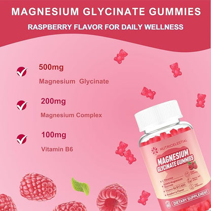 Magnesium Glycinate Gummies 500mg, High Absorption Magnesium Supplement, Suitable for Adults, Sugar-Free, Gelatin-Free, Vegan Friendly, Non-GMO, 60 Raspberry-Flavored Gummies