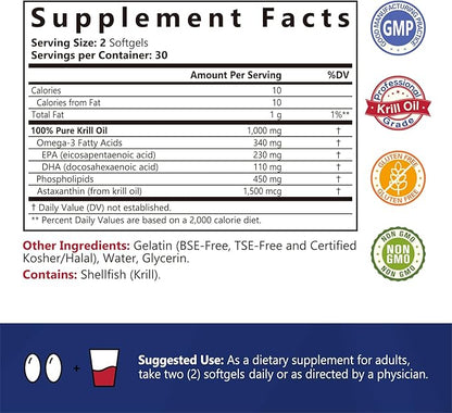 Antarctic Krill Oil 1000 mg Softgels, Krill Oil Omega-3s, EPA, DHA, Astaxanthin & Phospholipids, Heart Health, 120 Softgels, Non-GMO, No Gluten, Made in The USA