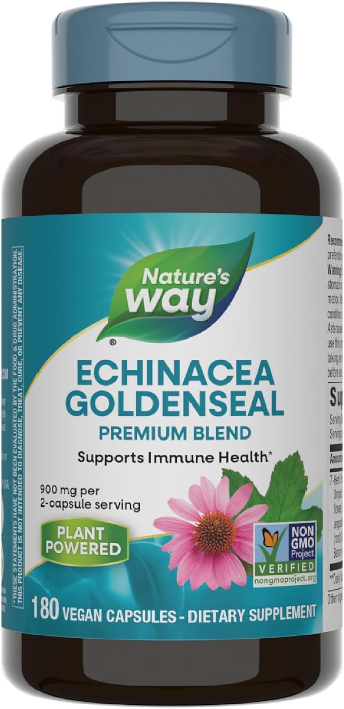 Nature's Way Echinacea Goldenseal, Premium Blend, Supports Immune Health*, 900 mg per 2-Capsule Serving, Non-GMO Project Verified, Vegan, 180 Capsules (Packaging May Vary)
