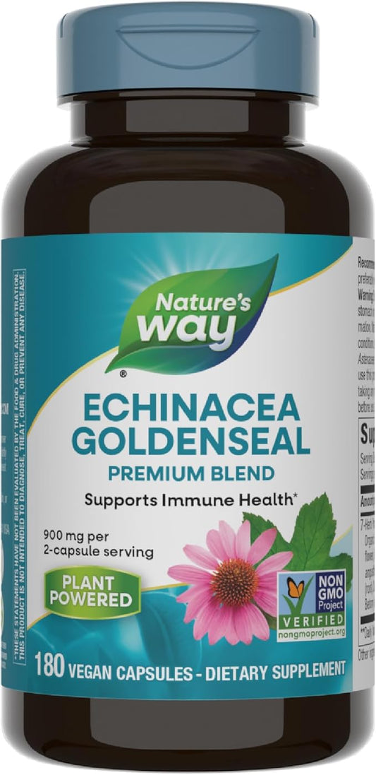 Nature's Way Echinacea Goldenseal, Premium Blend, Supports Immune Health*, 900 mg per 2-Capsule Serving, Non-GMO Project Verified, Vegan, 180 Capsules (Packaging May Vary)