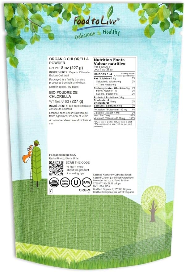 Food to Live Organic Chlorella Powder, 8 Ounces — Non-GMO, Kosher, Raw Green Algae, Vegan Superfood, Bulk, Pure Vegan Green Protein, Rich in Vitamins and Minerals, Great for Drinks, Broken Cell Wall