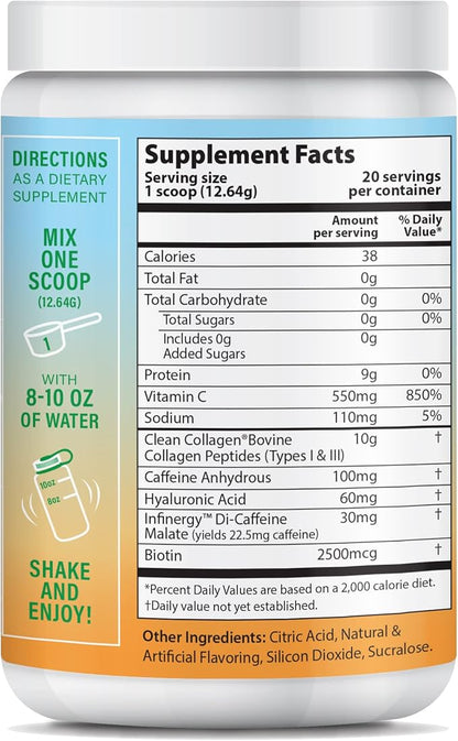 Peptide Energy Collagen Powder Hair, Nail, Skin, Type I & III,Caffeine for Energy, Vitamin C, Biotin, Hyaluronic Acid, Zero Sugar – 8.92 oz (Mango Passion)