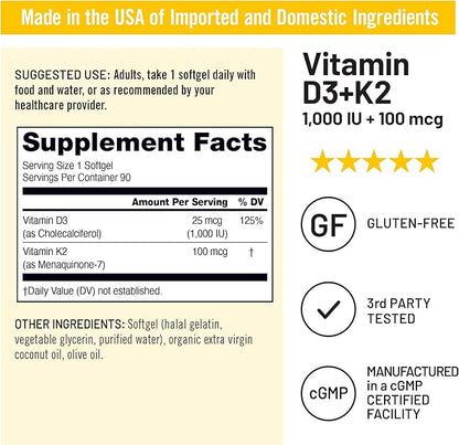 NatureWise Vitamin D3 1000IU + K2 (MK7) 100mcg with Organic Extra Virgin Coconut Oil - Supports Calcium Absorption, Bone & Immune Health - Non-GMO, Soy & Gluten-Free - 90 Softgels[3-Month Supply]
