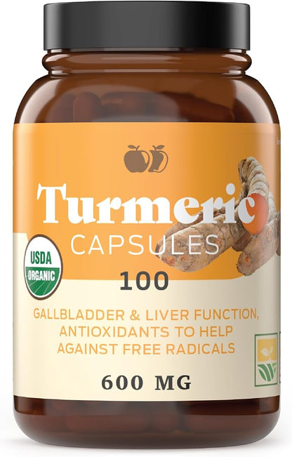 Organic Turmeric Capsules - Raw & Pure Curcumin Root Powder Supplement, 100 Capsules 600mg, Gallbladder, Liver, and Support