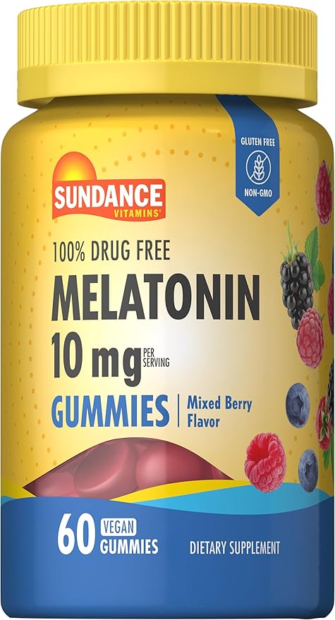 Sundance Melatonin Gummies | 10mg | 60 Count | Mixed Berry Flavor | Vegan, Non-GMO, and Gluten Free Supplement