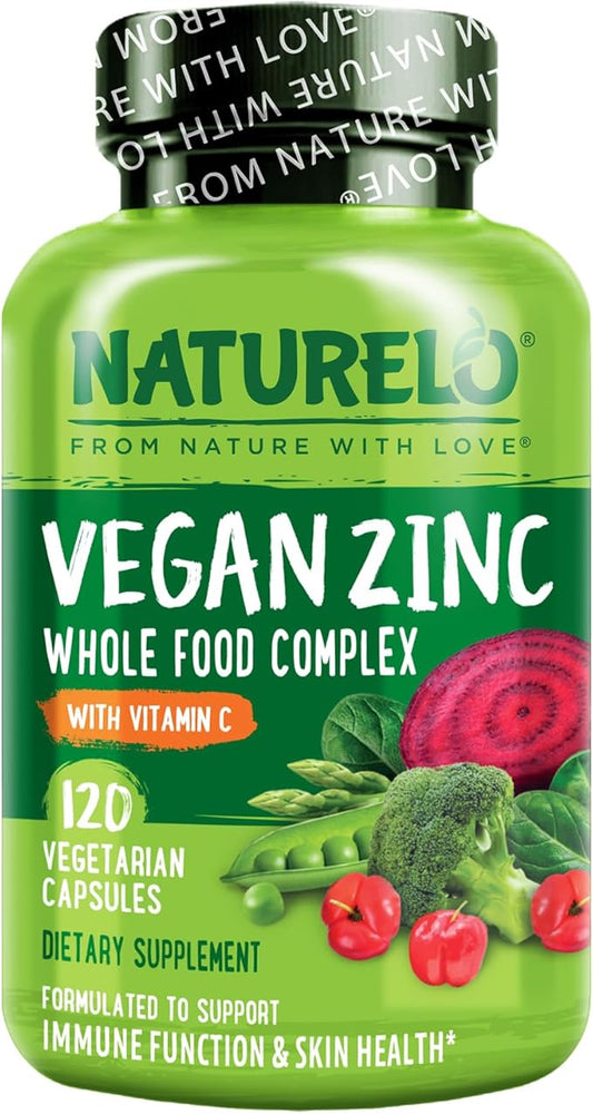 NATURELO Vegan Zinc Immune Support Capsules - Whole Food Complex with Vitamin C for Healthy Skin, Hair, and Nails - 120 Capsules