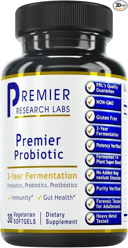 Premier Research Labs Probiotic Caps - Pre-, Pro-, and Post-Biotics - for Healthy Gut, Digestive Health & Immune Support - Beneficial Bacteria - 30 Vegetarian Softgels