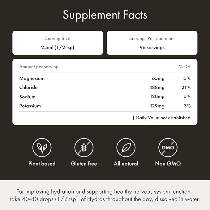 Synchro - Hydros Trace Mineral Drops with Electrolytes, Mineral-Rich Water Drop for Electrolyte Water, Hydrating Electrolyte Drops for Nervous System Support, Mineral Drops for Drinking Water, 8 fl oz